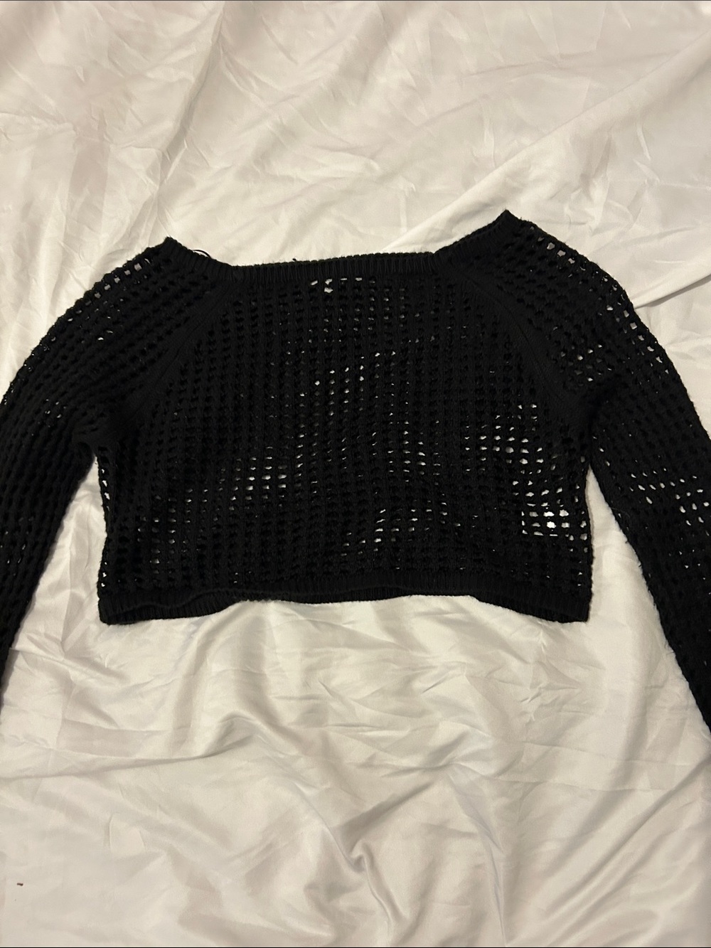 Love Tree Black Open-Knit Off-Shoulder Cropped Sweater
